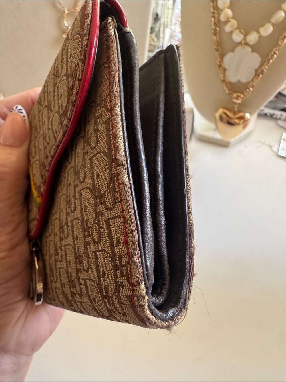 Dior Brown Monogram Canvas Tri fold Wallet with Red Trim and Green-Yellow Accent - Picture 7 of 13
